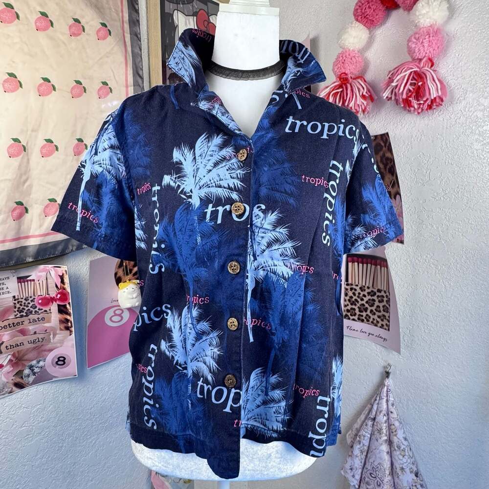 Vintage Island Traders Tropical Palm Print Button Down Shirt Size M